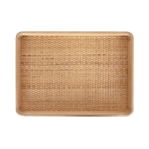 Kate and Laurel Planche Decorative Footed Woven Rattan Tray with Solid Wood Frame, 17 x 12, Natural, Modern Wood Rectangle Serving Tray for Living Room or Entryway Decor