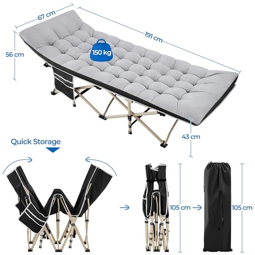 Yaheetech Feldbett mit Matratze Campingbett klappbar Gästebett mit Tragetasche & Seitentasche 191 x 67 cm Gartenliege bis 150 kg Belastbar, Grau Matratze+Schwarz Bett 2