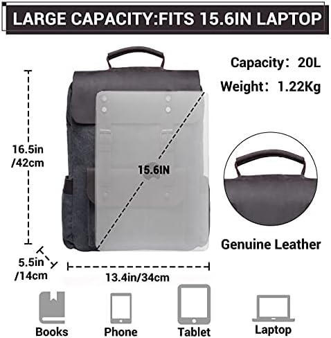 VASCHY Backpack for Men, Women Vintage Genuine Leather Canvas Rucksack for Work Travel School Fits 15.6 Inches Laptop Campus Book Bag Outdoor Recreation
