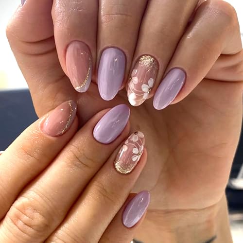 Short Press on Nails Almond Fake Nails with White Flower Glitter Designs French Tip Glue on Nail Light Purple Full Cover Acrylic Nails Press ons Glossy Artificial False Nails for Girls 24Pcs