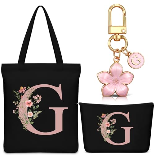 Hestya Set 3 Regali per Donna 1 Tote Bag in Tela Personalizzata con Iniziali Borsa Shopper 1 Borsa Cosmetica con Nome Beauty Case 1 Portachiavi con Lettera per Amica Collega Compleanni Nozze(Nero,G)