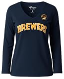 MLB Women's Post Season Long Sleeve V-Neck T-Shirt (US, Alpha, Medium, Regular, Regular, Medium, Milwaukee Brewers) Team Color