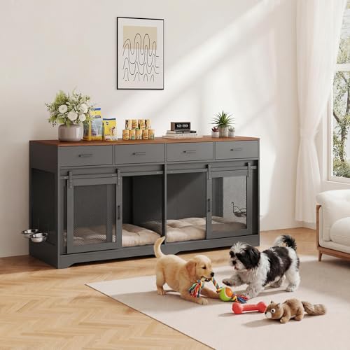 Garvee Double Dog Crate Furniture 71 Large Dog Crate Furniture for 2 Dogs with 4 Sliding Doors and 4 Drawers Dog Kennel Furniture for Large Dogs Indoor with Feeding Bowls Black