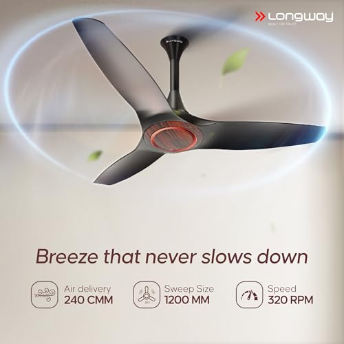 Image of LONGWAY Glideon 1200mm BLDC Ceiling Fan with Remote Control | Premium Look with Ultra Silent Performance | ABS Blade & Body | BEE 5 Star Rated | Anti-Dust Ceiling Fan | 5 Years Warranty (Black Wood)