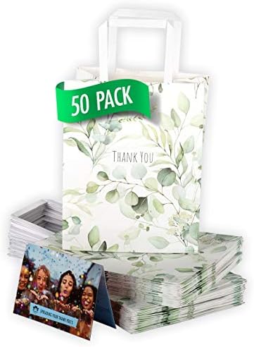 Homeadow Bags - 50 Pcs Thank You Gift Bags, Medium (10"x8"), Paper Shopping Bags For Boutique, Bulk Kraft Paper Bags with Handles, Wedding Favor, Retail Shopping Goody Bags - White With Green Leaves