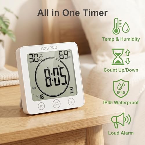 GXSTWU Digital Shower Clock, Bathroom Timer Clock, Waterproof for Water Spray, Count Up Count Down Alarm, Touch Screen Timer, Temperature Humidity, Wall Clock Magnet, Suction Cup, Hang, Stand (1pack) — view 6