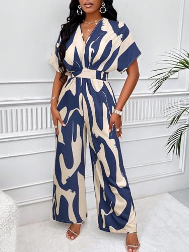Image of PerZeal Women's V-Neck Short Sleeve Printed Jumpsuit with Pockets - Casual Wide Leg One-Piece Romper for Summer(S-XXL)