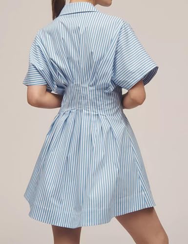 Image of Women's Button Front Down Pleated Shirt Dress Summer Casual Striped Short Sleeve Blouse Mini Dresses