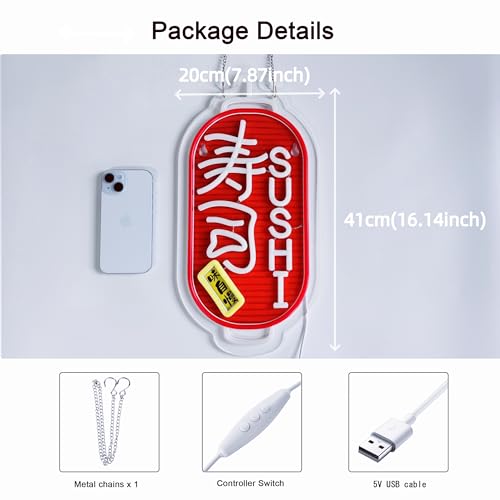 Image of Japanese Sushi Neon Sign，Japanese Food Wall Decor LED Light Sign | Neon Lights Hanging Wall Art Decoration for Japanese Restaurant Izakaya Bar Club Shop,USB Powered Dimmable, 16 * 7.8 inches