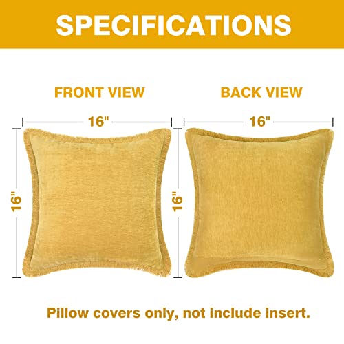 Yellow Pillow Covers Square 16 X 16 Inch, Set Of 2 Farmhouse Throw Pillow Cover With Tassels, Solid Dyed Rustic Soft Decorative Pillowcase, Chenille Accent Cushion Covers For Home Sofa Bed Couch Car #TOP4