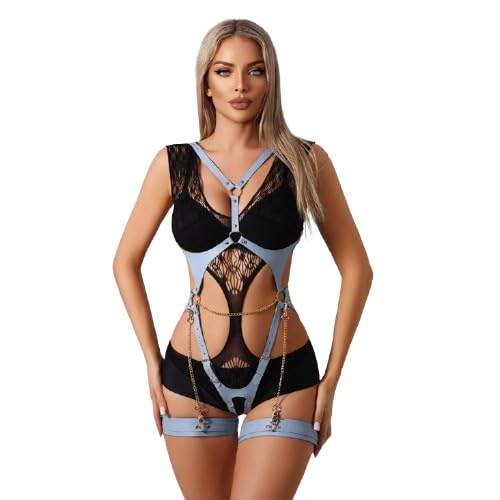 FEHEOO Women's PU Leather Strappy Harness Lingerie - Adjustable Chain-Decorated Outfit for Roleplay Mardi Gras: Light Blue