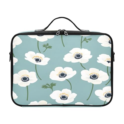 zyrtty Travel Makeup Train Case White Flower Pattern Teal Cosmetic Organizer Portable Storage Bag with Adjustable Dividers for Cosmetics Brushes Toiletry Jewelry Digital Accessories