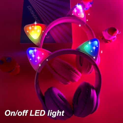 Image of Kids Wireless Headphones LED Light up Cat Bluetooth Headphones, Color Changing Cat Ear Wireless Headsets with Microphone for Kids /Girls /School /Christmas (Purple Pro)