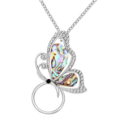 SENFAI Abalone Paua Shell Butterfly Crystal Eyeglass Holder (Silver Necklace)