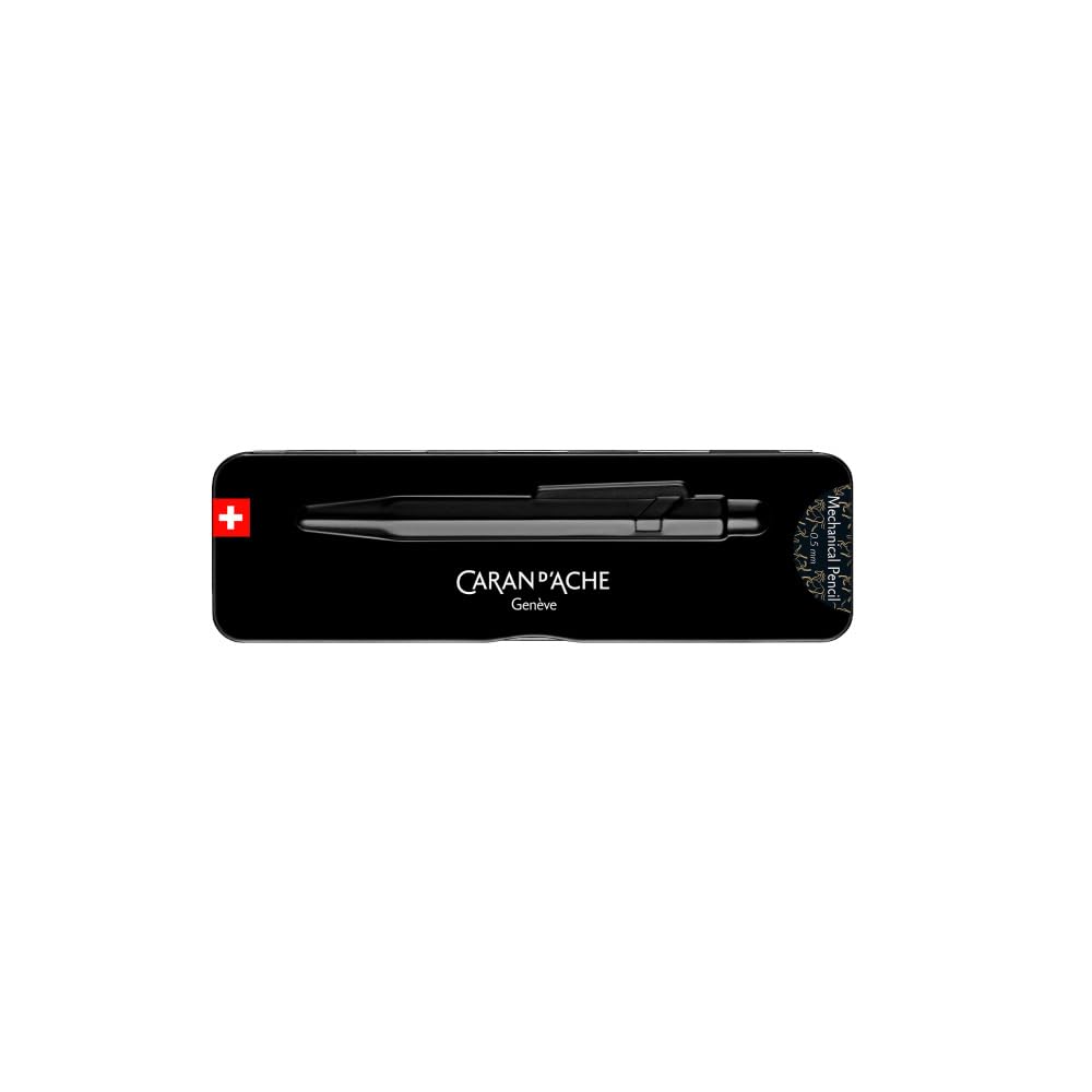 Caran d'Ache MF0844.525 - Portaminas 849 Horse Black de 0,5 mm, fabricado en Suiza, barril de aluminio negro con motivos de caballo dorado, mina HB, soporte de plomo de diseño, regalo
