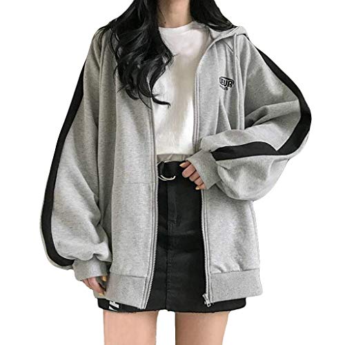 XINGENG Damen Sportjacke Kapuzenjacke Old Collge Hoodie Frühlingsjacke Hip Hop Boyfriends Stil Oberteile Sweatjacke Basic Pullover Jacke Kapuzenpullover Streifen Stitching Freizeitjacke (m) Cover