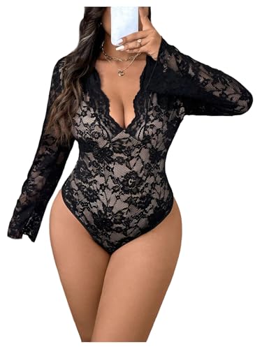 WDIRARA Women's Plus Size Sexy Floral Lace Bodysuit Deep V Neck Long Bell Sleeve Leotard Tops Black X-Large Plus