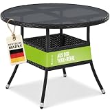 Juskys Polyrattan Gartentisch Yoro wetterfest - Balkontisch Ø 80 cm rund - Rattan Beistelltisch mit Glasplatte - Kleiner Tisch für Balkon - Schwarz