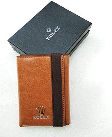 Rolex Genuine Leather 3 Folding Men's Wallet,with a beit Fixed Wallet (Beige)