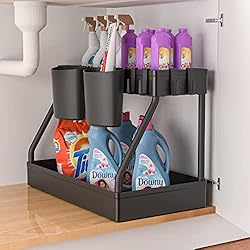 zzolee - Organizador Bajo Fregadero 2 Niveles, Organizador Debajo Fregadero Cocina con 4 Ganchos y 2 Tazas Colgantes, Estante Almacenamiento Debajo Fregadero para Cocina, Baño, Armario, Mesa (style 2)