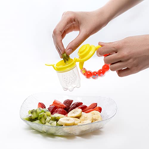 Gedebey Baby Fruit Feeder/Baby Food Feeder Pacifier - (3 Pack) 2 Pacifiers, 1 Silicone Spoon Squeeze Bottle Fresh Milk Frozen Infant Teething Toy Teether Teeth Relief Toys Feeding Rattle (Yellow) - Thumbnail 2