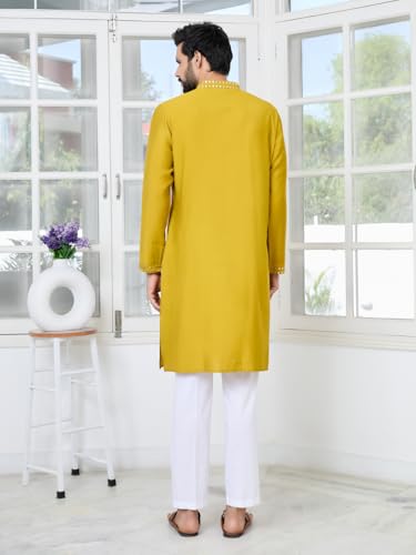 Image of See Designs Men's Full Sleeve Mandarin Collar Sequins Embroidered Straight Long Kurta - Festive Collection