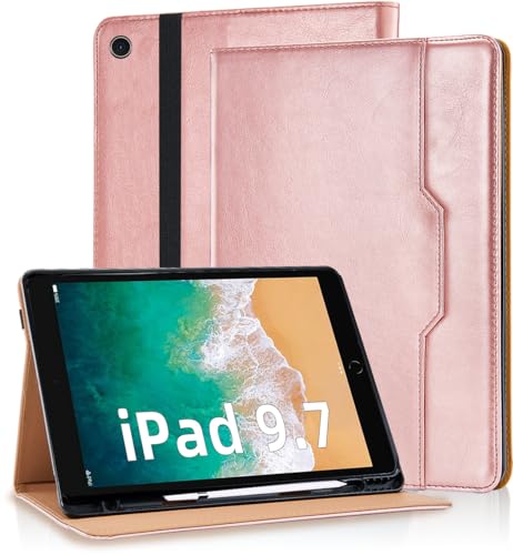 Vkooer Hülle für iPad 9.7 Zoll 2018/2017 (iPad 6./5. Generation) mit Stifthalter Premium PU Leder Schutzhülle iPad Air 2/Air 1 Tasche Cover Case mit Auto Schlaf/Aufwach - Roségold