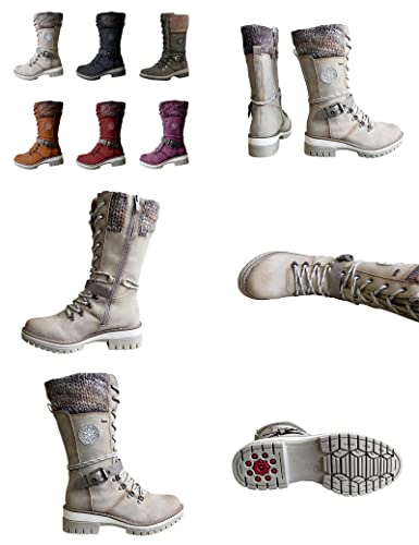 AngryMonkey Women's Winter Warm Mid-Calf Snow Boots,Knitted Suede Splicing Lace-up Non-Slip Waterproof Outdoor Casual Booties2