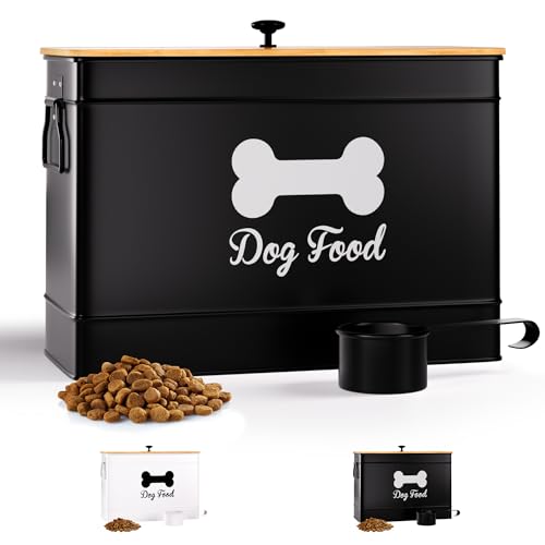Dog Food Container Airtight 15 lb (50 Cup) Capacity with Metal Scoop - Cute Airtight Dog Food Storage Container with Bamboo Lid - Black Metal Kibble Storage Bin for Dogs up to 100 lbs - Big Pet Jar