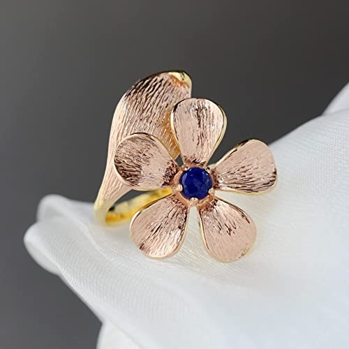 Bague lapis-lazuli ajustable en argent vintage avec des motifs de pétales nationaux