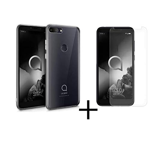 MB Accesorios Pack Protector de Pantalla con Pegamento Completo Transparente + Funda Transparente Alcatel 1S (2019)