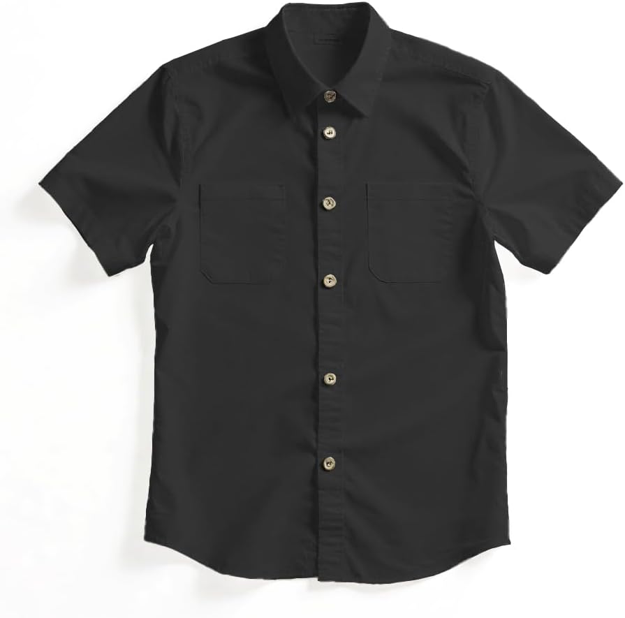 YUYAPA Boys Button Down Shirt Casual Short Sleeve Woven Shirts with Two Pockets for Kids 6-14 Years