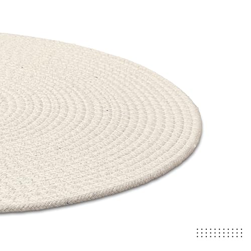 Image of Dining Table Mats Set of 4 | Cotton Table Mat 32 cm Diameter, Encasa XO Washable Round Table Mats, Heat Resistance Dining Table Placemats, Handmade Ribbed Style for Centre Table, Off White