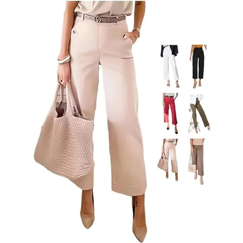 Tummy Control Twill Cropped Wide Leg Pant, Plus Size Wide Leg Denim Pants,Petite Crop Trousers Stretch Capri (Beige, M)