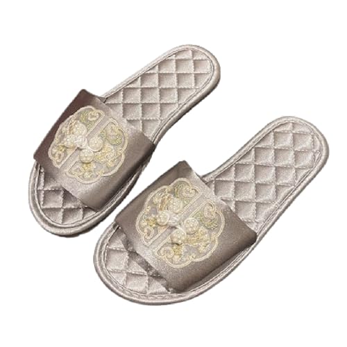 Premium Luxury Satin Silk Vintage Embroidery All Seasons Comfort Women's House Slippers Non Slip Indoor Soft Home Slip On Shoes