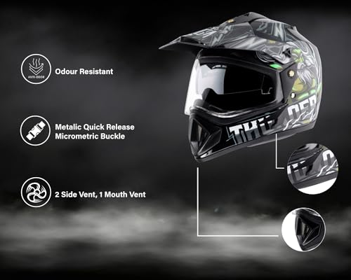 Vega Off Road D/V Thunder ISI Certified Gloss Finish Full Face Helmet for Men with Dual Visor and Stylish Peak- Black Grey -L