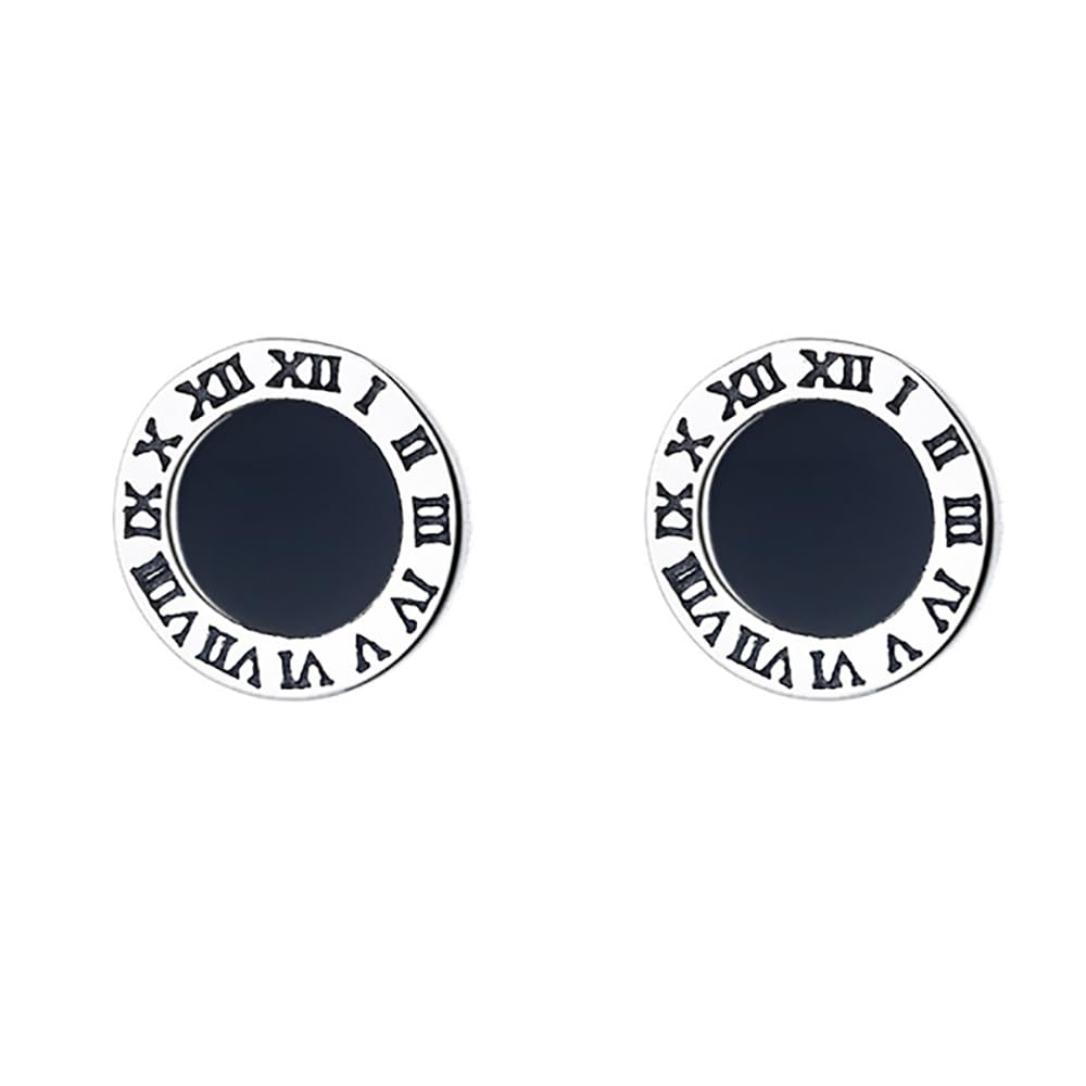 YDYDTTKD Orecchini a Bottone da Uomo, Argento Sterling, Smalto Nero con Numeri Romani, Elegante Look Hip Hop da Strada per Ragazzi e Donne