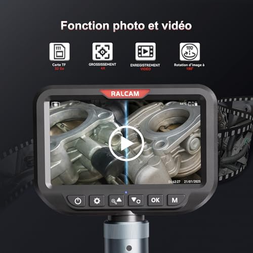 Ralcam Caméra Endoscopique avec Lumière, Double Caméra 8,5 mm et Écran HD 5", Tête Articulée 180°, Câble Semi-Rigide 3 m, IP67 – pour Contrôle de Voitures, Tuyaux et Climatisation – vue 5