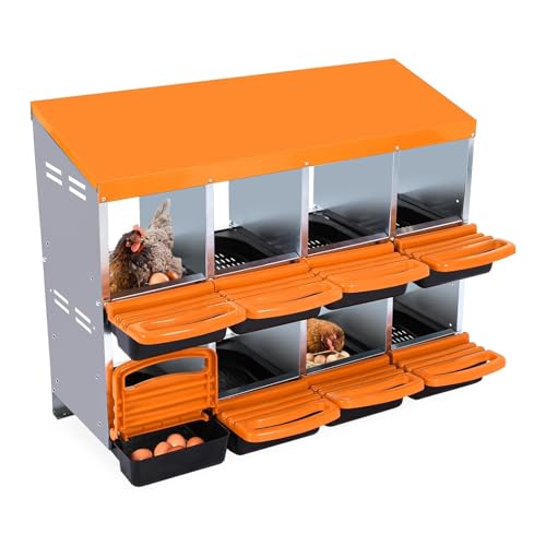 Two-Tier Chicken Nesting Box, 8 Hole Metal Chicken Egg Laying Box with Swing Perch and Rollout Egg Collection Applicable to Coops and Duck Houses Orange.