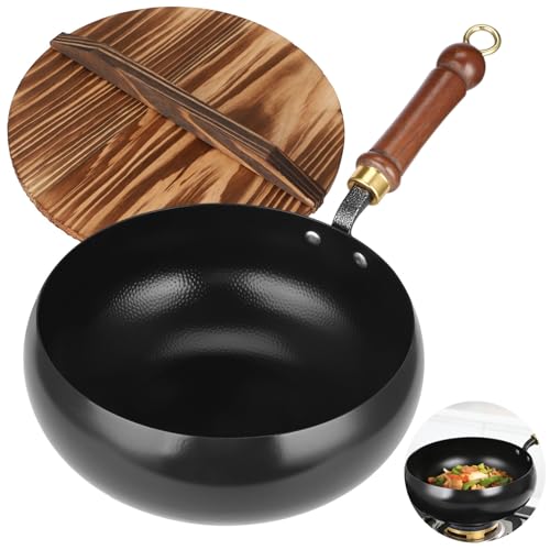 Wok de hierro fundido 9.4 in con tapa y mango de madera
