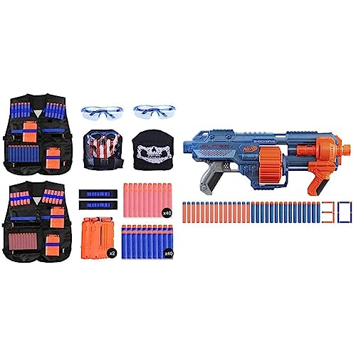 EXTSUD Kids Tactical Vest, 2 Sets Vest for Nerf Guns N-Strike Elite Series with 80Pcs Refill Darts & 2.0 Shockwave RD-15 Dart Blaster, 30 Darts, 15-Dart Rotating Drum, Blue,red