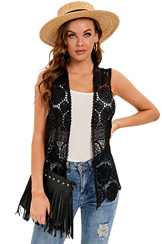 Women's Crochet Vest Sleeveless Boho Lace Cardigan (Round Flower Black)3