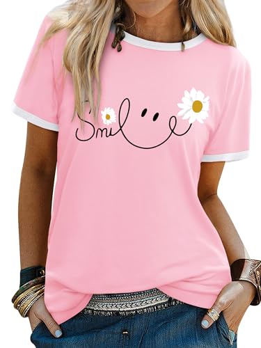 Image of Yihelian Tshirts Women Crew Neck Top Ladies Daisy Print Short Sleeve Tee Shirt Summer Smile Letter Printed Shirts Light Pink