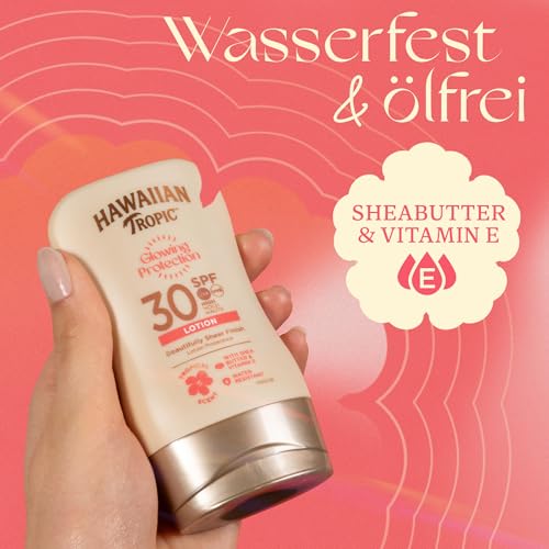 Hawaiian Tropic Glowing Protection Sunscreen, wasserfeste Sonnencreme mit LSF 30 UVA- + UVB-Schutz, tropischer Duft, mit Sheabutter, 100 ml (Reisegröße)