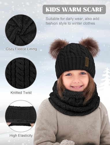 Senker Fashion Winter Beanie Kids Hat and Gloves Set for Girls Boys Toddler Pompom Knit Fleece Lined for Cold Weather3