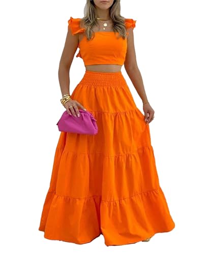 Sexyshine Women's 2 Piece Outfits Ruffle Sleeveless Crop Tank Top Vest and High Waist Tiered Flowy Long Maxi Skirt Set