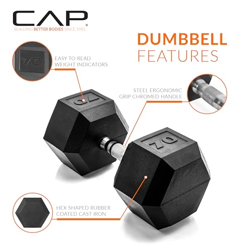 Image of CAP Rubber Coated Dumbbell Weights, Free Weights for Home Gym Strength Training, Anti-Roll Hex Dumbbells with Black, Chrome & Comfort Grip Handles, Singles