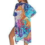Fowototi Vintage Blue Fox Bathing Suit Cover Up for Women Sexy Open Front Kimono Swimsuit Cover Ups Breathable Quick Dry Funny Print Long Hawaiiann Cardigan