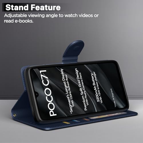 Image of Amazon Basics Flip Cover for Poco C71 / Redmi A5 Leather Finish | Wallet Stand and Shock Proof | Inside TPU with Card Pockets | Complete Protection Flip Case(Blue)