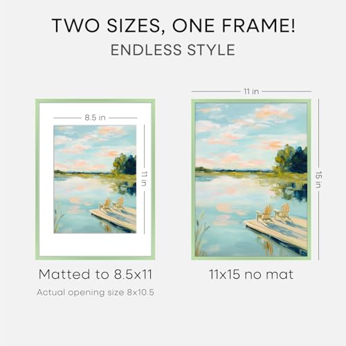 Image of Homeforia 11x15 Picture Frame Sage Green, High End Metal 11x15 Wall Hanging Frame with Mat 8.5x11, 11 x 15 Poster Frames Matted to 8.5 x 11 inch Photo, 11by15 Frame, Tempered Glass, Wall Kit, Set of 2